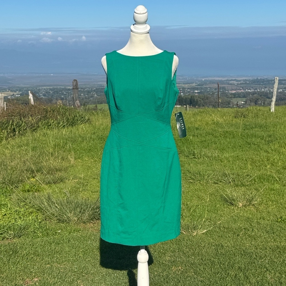 NWT Lauren Ralph Lauren Green Emerald Sheath Sleevrless Dress 8 Petite